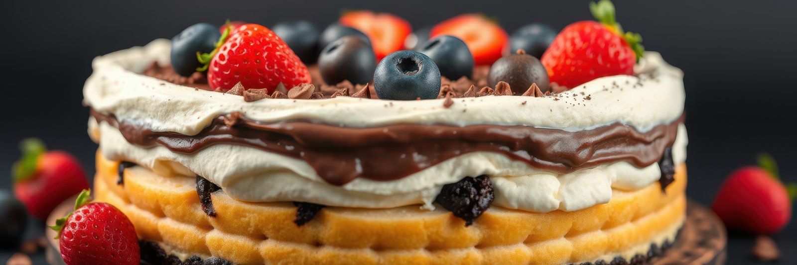 Delicious layered cake with strawberries and blueberries displayed on a dark background